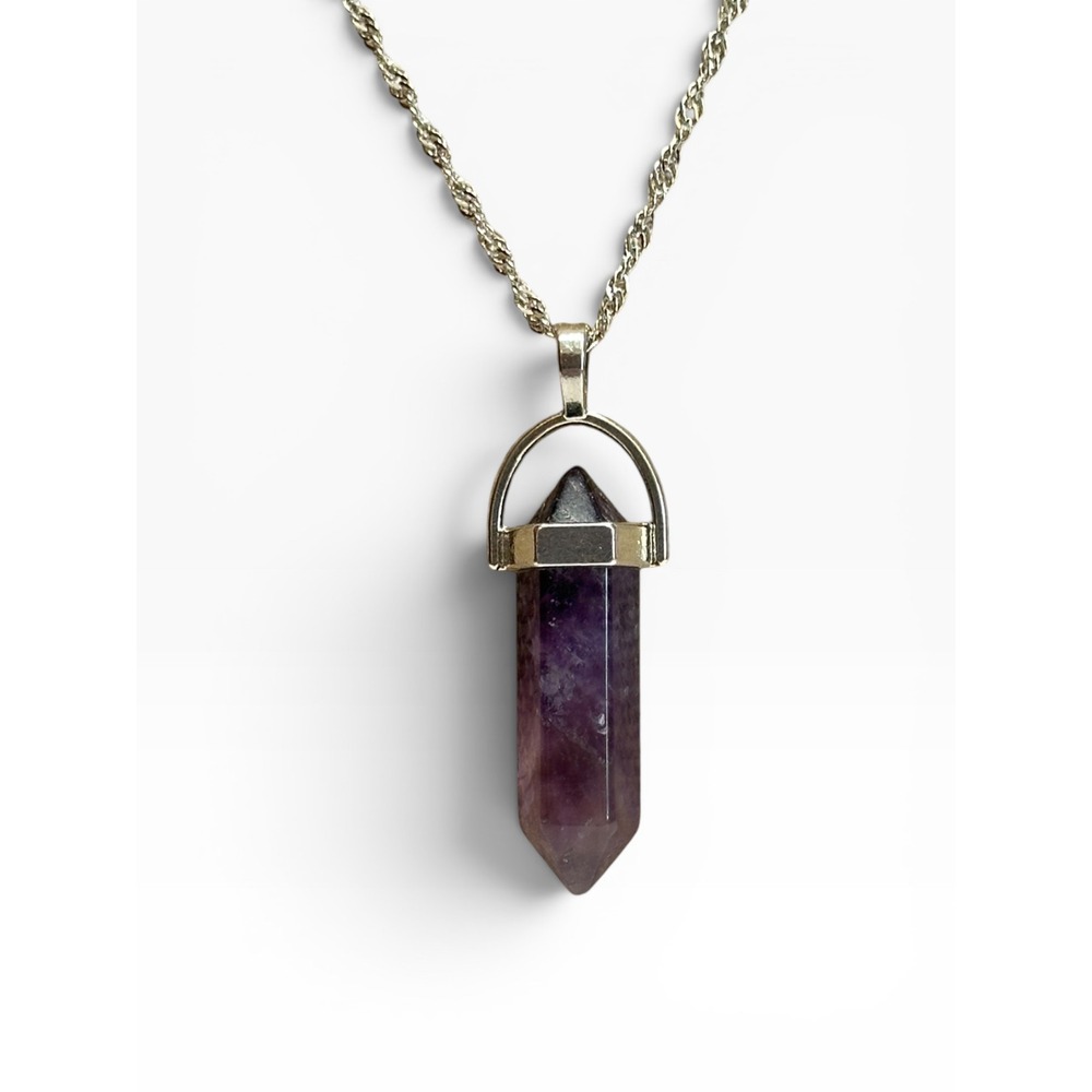 Amethyst Crystal Point Pendant 18" Necklace Purple Silver Tone Healing Stone